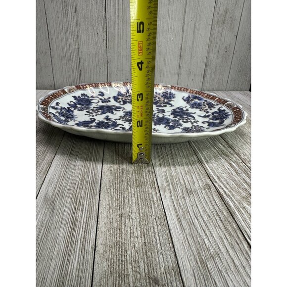 Vtg Chinese Decor Plate Oval Porcelain Blue Floral Design Gold Accents 10" x 7" - Picture 7 of 7